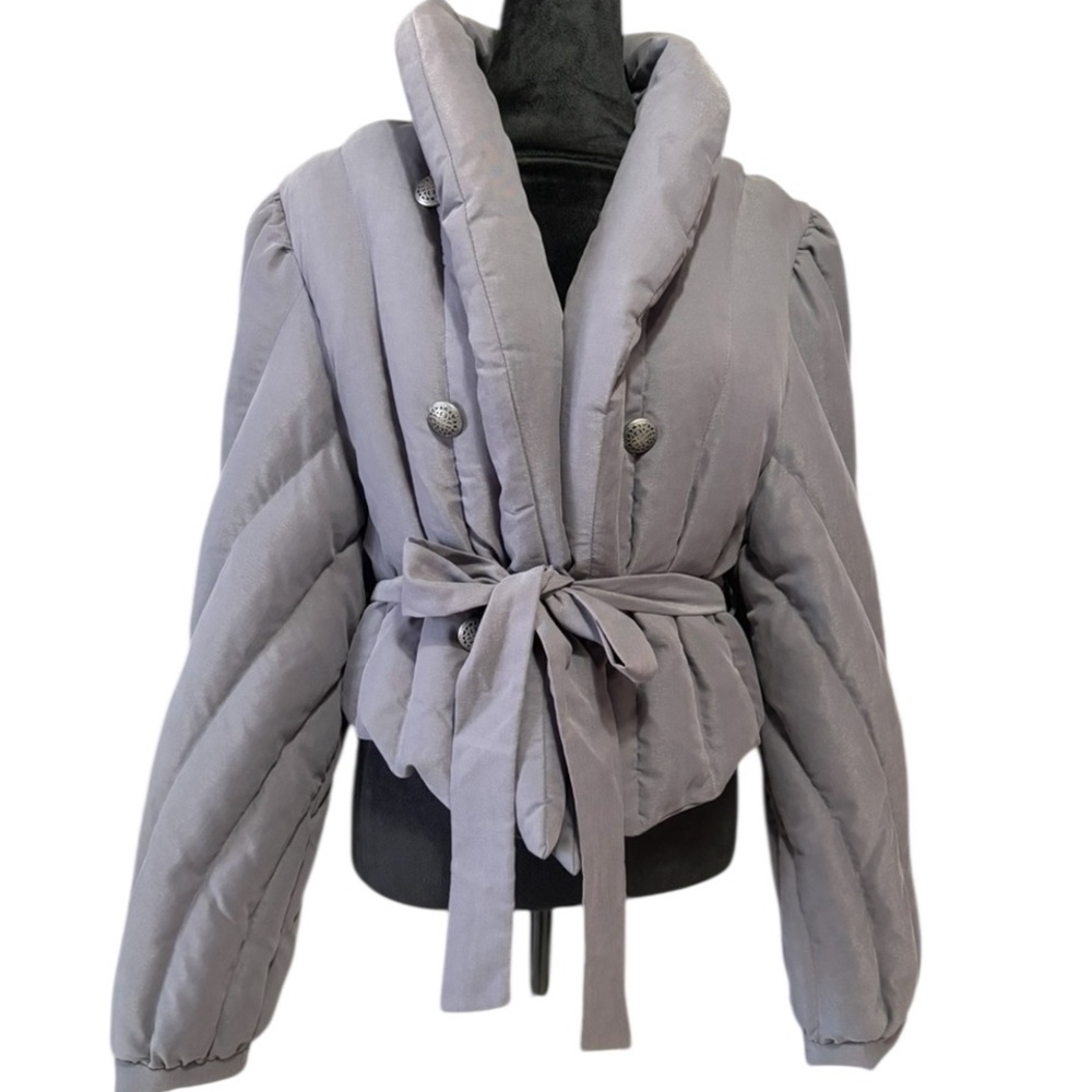 Free People Office Duvet Quilted Puffer Tie Waist Jacket, grey,cropped, NWT - Picture 2 of 10